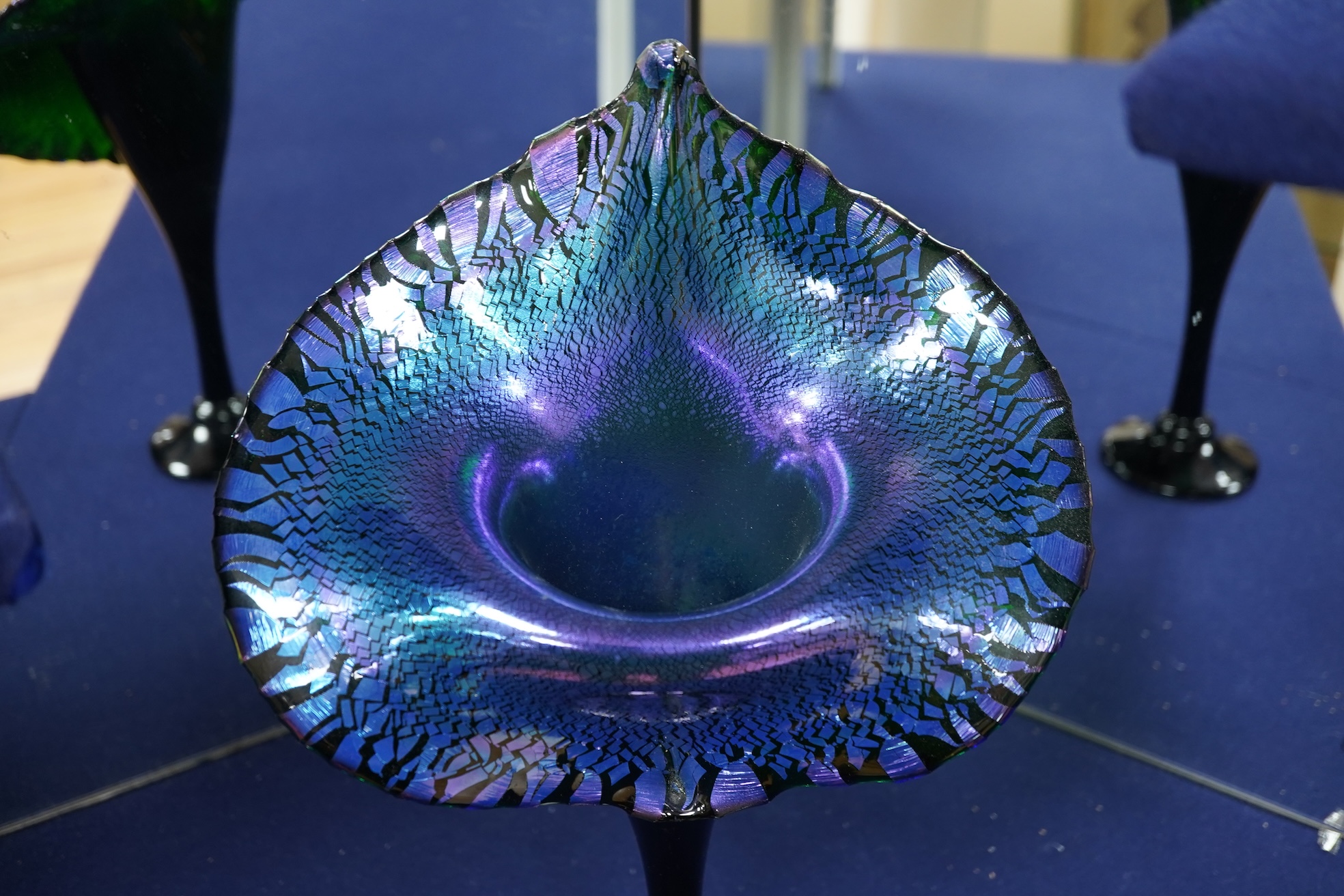 An Isle of Wight iridescent glass vase, Richard Golding Okra Luxor vase and Jack in Pulpit the box vase (3) tallest 38.5cm